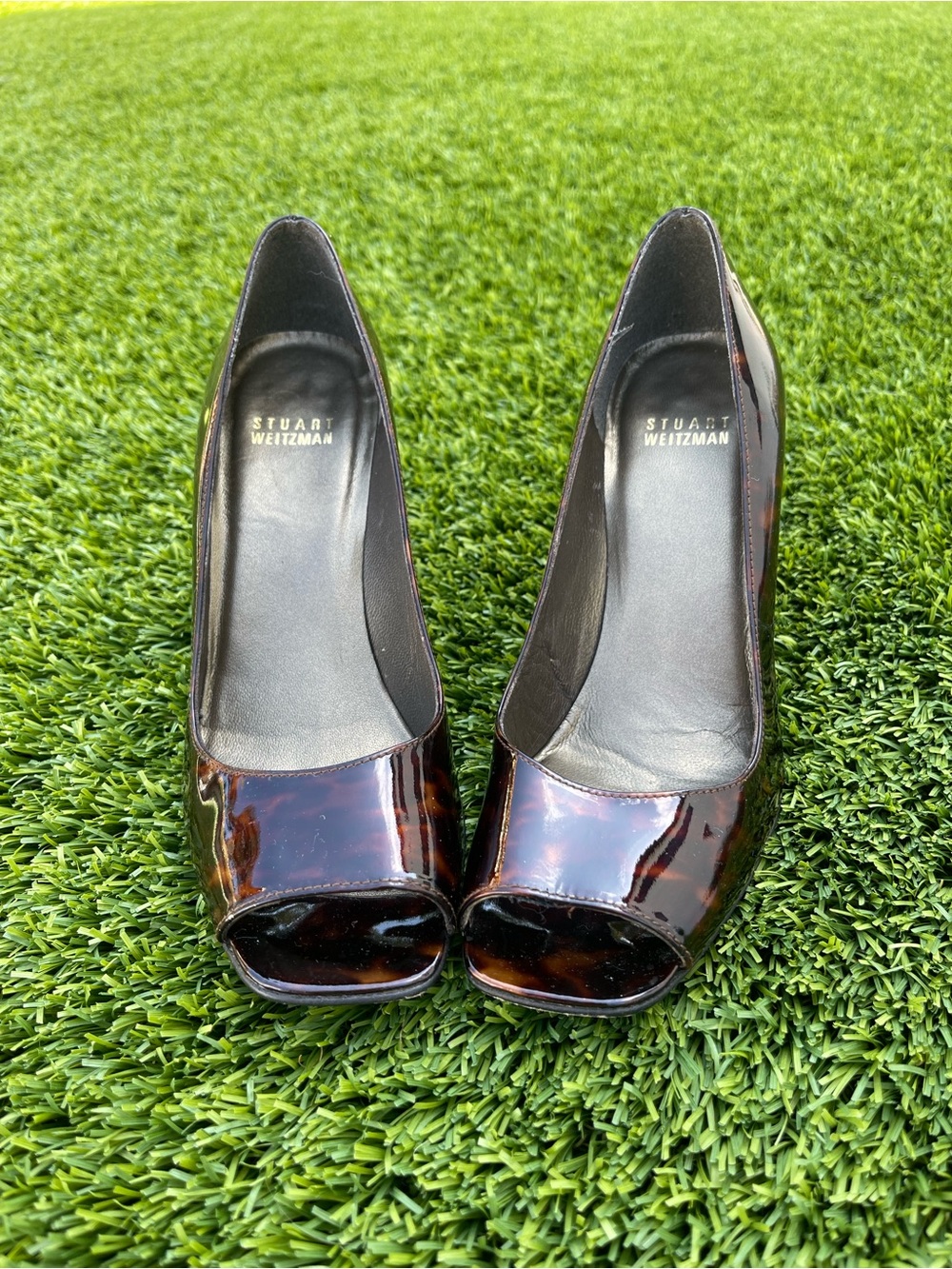 Stuart Weitzman Tortoiseshell Patent Peep-Toe Pumps